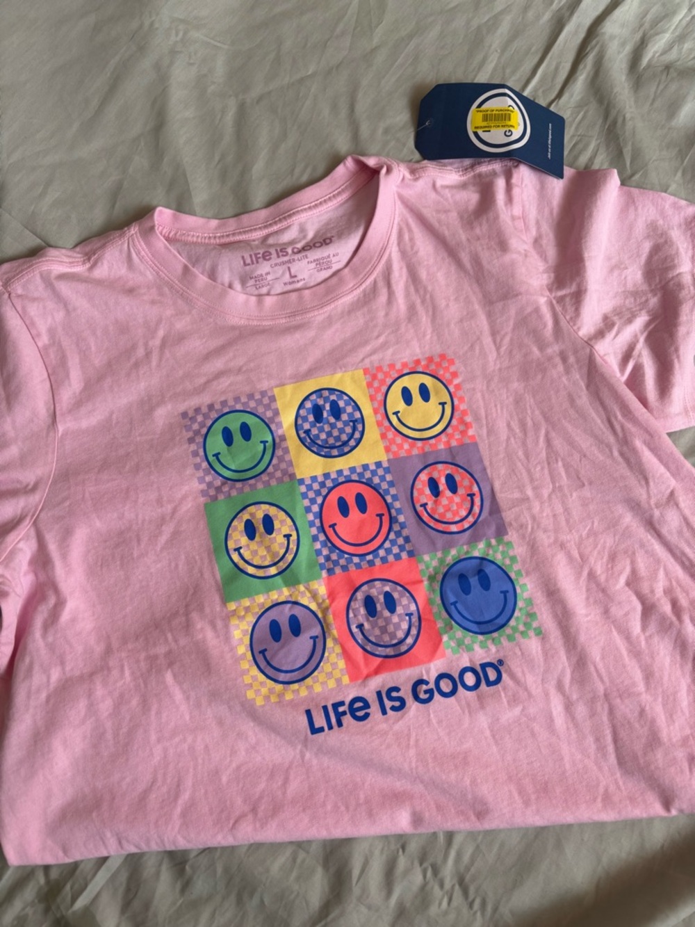 Life Is Good Pink Short Sleeve Tee with Colorful Smiley Grid